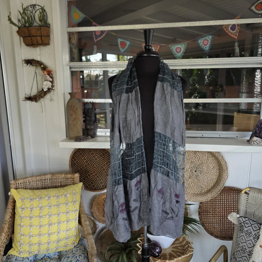 Fairy Wrap Bohemian Vintage Gray Gauze Scarf Patchwork Boho Chic - Picture 7 of 10